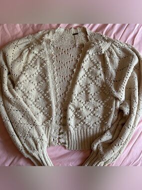 Free People Cream Open-Knit Puff Sleeve Cardigan